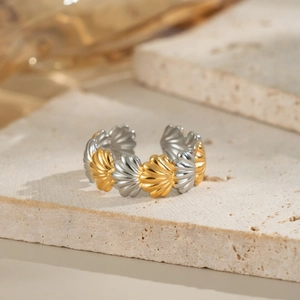 Shell Texture Open Ring Stainless Steel Gold Silver Two Tone Adjustable Chic Fashion Jewelry For Women Waterproof