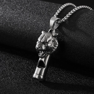 Silver stainless steel lion head whistle pendant necklace for men with metallic chain