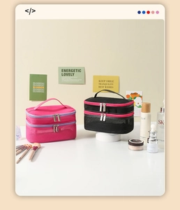 Detail of double-layer mesh toiletry bags with zipper and handle in a neat vanity setting