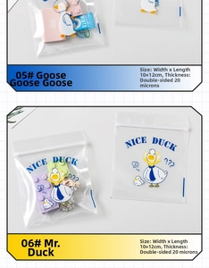 Close-up of cartoon duck and goose print mini ziplock bags with 10x12cm size detail