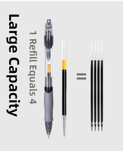 Detail of high-capacity gel pen with four extra refills showing 1=4 ink volume
