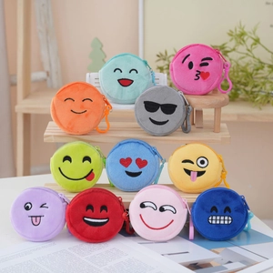 Close-up of assorted plush emoji coin purses with embroidery and plastic hooks