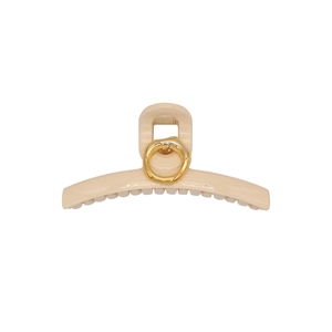French style beige hair claw clip with a gold geometric metal circle for women