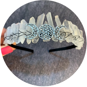 Handmade headband with clear crystal pillars and silver crescent moon metal ornaments