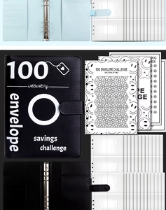 Detail view of the 100 envelope savings challenge binder with internal tracker and pockets