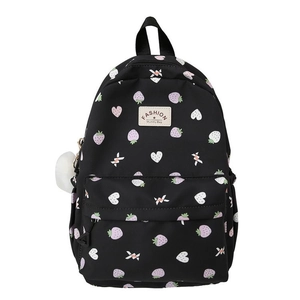 Cute black strawberry backpack for girls with purple patterns and plush keychain accessory