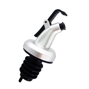 Kitchen oil bottle pourer with black lever and silver finish for precise liquid pouring