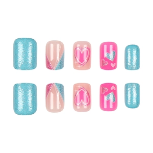Pink and blue glitter press-on nails with heart patterns and French lines for women