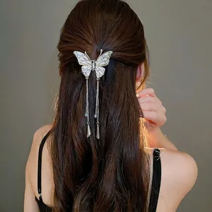 Pince À Cheveux Papillon Élégant Strass Alliage Épingle À Cheveux Avec Longue Chaîne Franges Style Chinois Nouveau Femmes