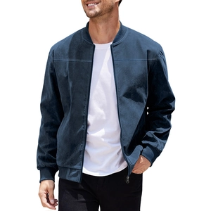 Detail view of the ribbed cuffs and high-quality suede texture of this navy bomber jacket
