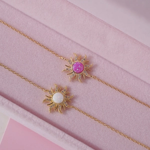 Sunburst Pendant Necklace Copper With 14K Gold Plated Synthetic Opal And Zircon Bohemian Vintage Jewelry For Women