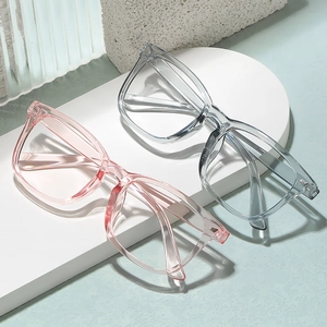 Retro square anti-blue light glasses with transparent frames in pink and grey colors