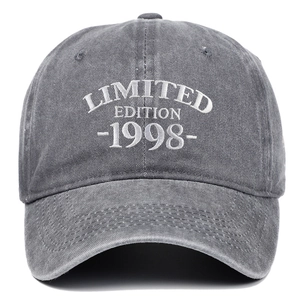 Detailed view of white Limited Edition 1998 embroidery on a gray washed cotton baseball cap