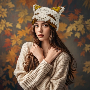 Detail of handmade crochet cat ear beanie with floral pattern in warm beige knit