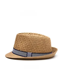 Detailed side view of the woven straw fedora hat featuring a blue striped band ribbon
