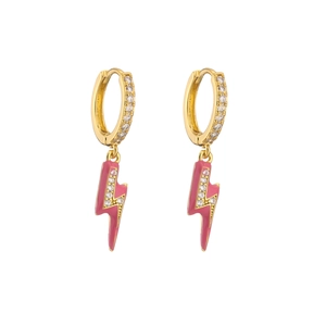Macro shot of gold hoop earrings featuring pink enamel lightning pendants with zircon accents