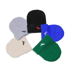 Kids winter knit beanie hats with dinosaur embroidery in five different colors
