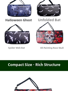 Long PU leather wallet featuring Halloween ghost, bat, and skull patterns with wrist strap