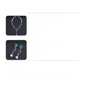 Detailed spec sheet for blue crystal necklace and earring set with alloy and pearls