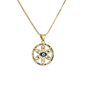 Golden Evil Eye pendant necklace with colorful cubic zirconia and Box Chain on white background