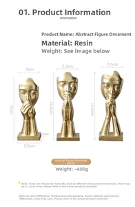 Detail of three golden resin abstract facial sculptures with dimensions and sizes