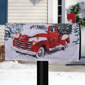 Outdoor Christmas mailbox cover with vintage red truck and snowy pine tree landscape