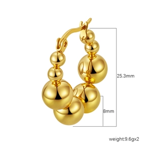 Polished gold geometric ball hoop earrings with a 25.3mm drop and 8mm bead size