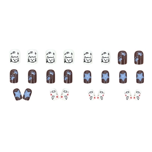 Cartoon cat style press-on nails set with fish and star patterns on white and brown base