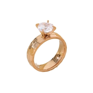 Polished 18K gold titanium ring with round cubic zirconia and hammered texture finish