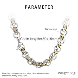 Detail view of two-tone Byzantine chain showing 15mm width and stainless steel specs
