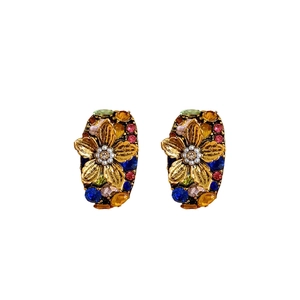 Vintage style floral pearl earrings with colorful rhinestones in golden finish