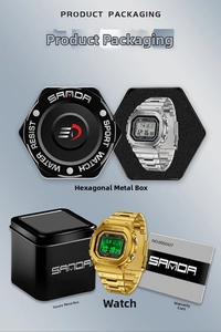 Square digital sports watch with metal strap, branded gift box, and warranty card set