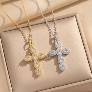 Cross Pendant Necklace Stainless Steel 18K Gold Plated Sparkling Cubic Zirconia Fashion Jewelry For Women