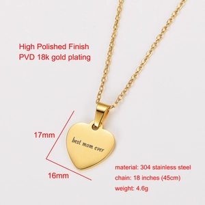 Macro shot of 18k gold heart pendant engraved with best mom ever for Mother's Day