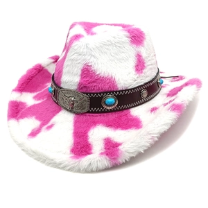 Pink and white cow print faux fur cowboy hat with silver bull head buckle and turquoise band