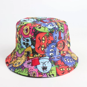 Close-up of colorful monster graffiti print on durable twill cotton bucket hat fabric