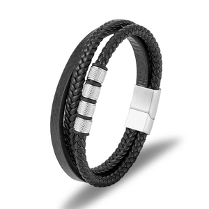Men's multilayer black braided leather bracelet with stainless steel magnetic clasp