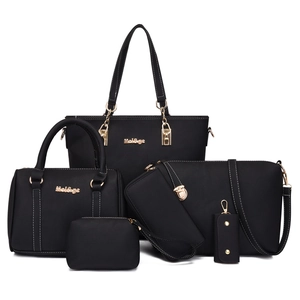 6-piece black litchi pattern leather tote and crossbody handbag set with gold hardware