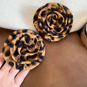 Exaggerated leopard print fabric flower earrings with 925 silver needle for women