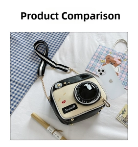 Detail of creative camera-shaped crossbody bag with black and white PU leather design