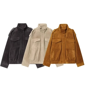 Damen Faux Wildleder Jacke Stehkragen Cargo Stil Schulterklappen Reißverschluss Einfarbig Lässig Retro Herbst Oberbekleidung