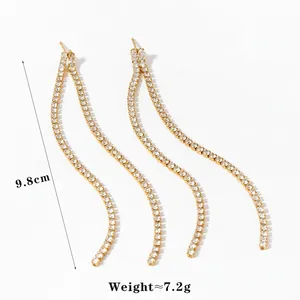 Long gold tassel earrings with glittering rhinestones, length 9.8cm, weight 7.2g