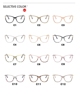 Detailed catalog showing 12 selective colors of trendy cat-eye glasses frames