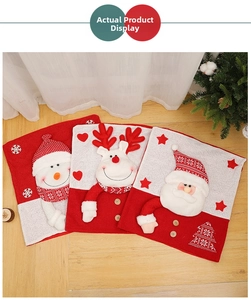 Detail of 3D knit Santa, snowman and reindeer chair covers with festive embroidery