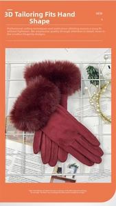 Close-up of burgundy winter gloves with plush faux fox fur cuffs and suede texture