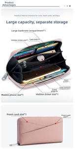 Pink leather wallet interior showing multiple card slots, phone pocket, and cash compartments