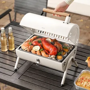 Portable outdoor tabletop BBQ smoker grill in beige with lobster cooking on a charcoal rack