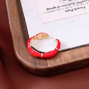 Open Adjustable Ring Red Enamel Gold Plated Copper Retro Oval Minimalist Lightweight Luxury Hand Jewelry For Women