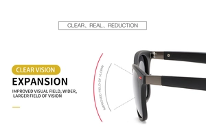 Detail view of black frame sunglasses showing expanded vision and clear optical lenses