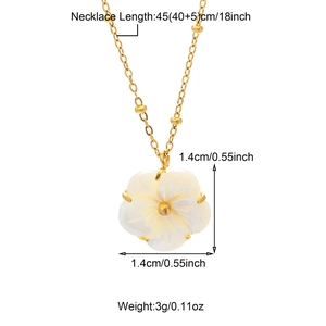 Detail showing 45cm gold O-chain with 1.4cm shell flower pendant and white pearl beads